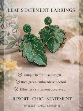 Green Beaded Leaf Statement Earrings Botanical Embroidered Resort Chic